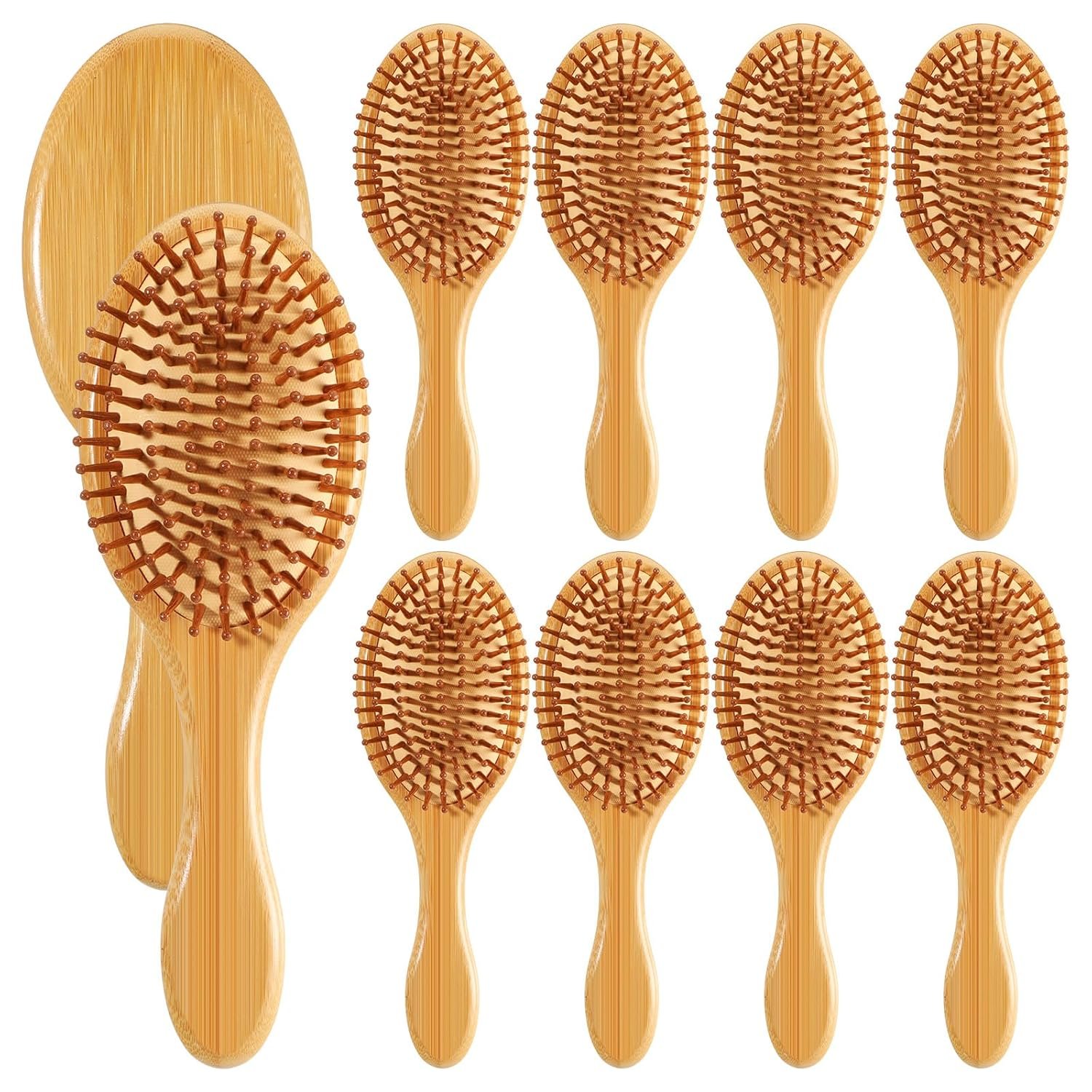 10 Pcs Bamboo Hair Brush, Bulk Natural Wooden Paddle Brush Round-tipped Bamboo Bristles Lightweight Massage Scalp Hair Combs for Women Men and Children, Stimulates Scalp for Hairs Growth