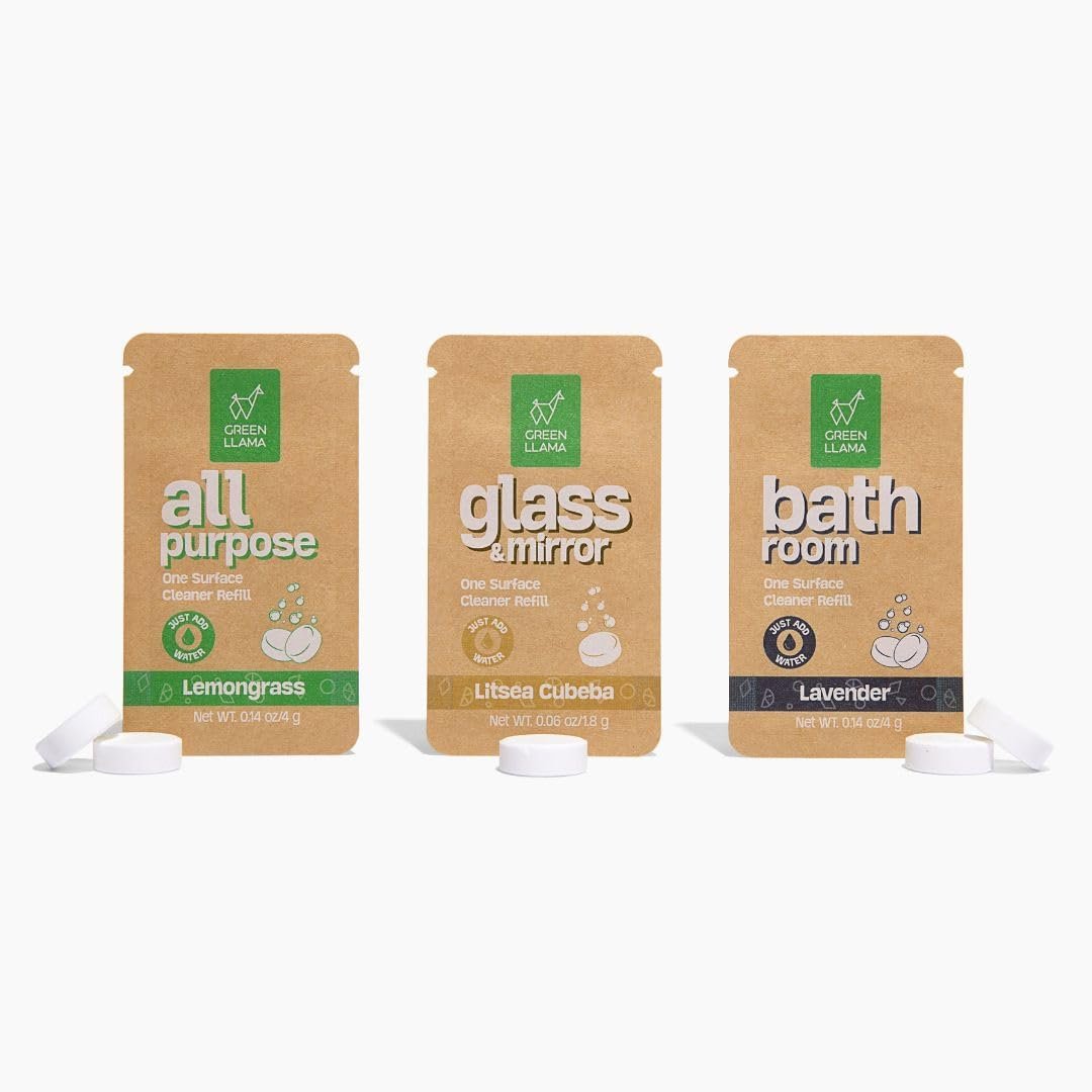 Green Llama Eco-Friendly Cleaning Refill Tablets Variety Pack – Multi-Surface, Glass & Bathroom Cleaners with Natural Essential Oils in Compostable Packaging, Biodegradable, Family & Pet Safe