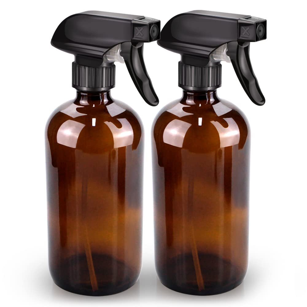 Glass Spray Bottle, Amber Glass Spray Bottle Set & Accessories Refillable for Plants Window Cleaners Aromatherapy Facial Hydration Watering Flowers Hair Care (2 Pack/16 oz) (Amber)