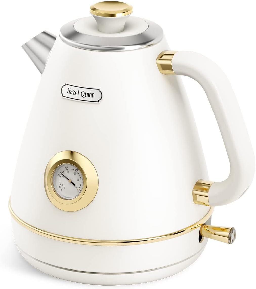 Hazel Quinn Retro Electric Kettle – 1.7 Liters / 57.5 Ounces Tea Kettle with Thermometer, All Stainless Steel, 1200 Watts Fast Boiling, BPA-free, Cordless, Automatic Shut Off – Pearl White