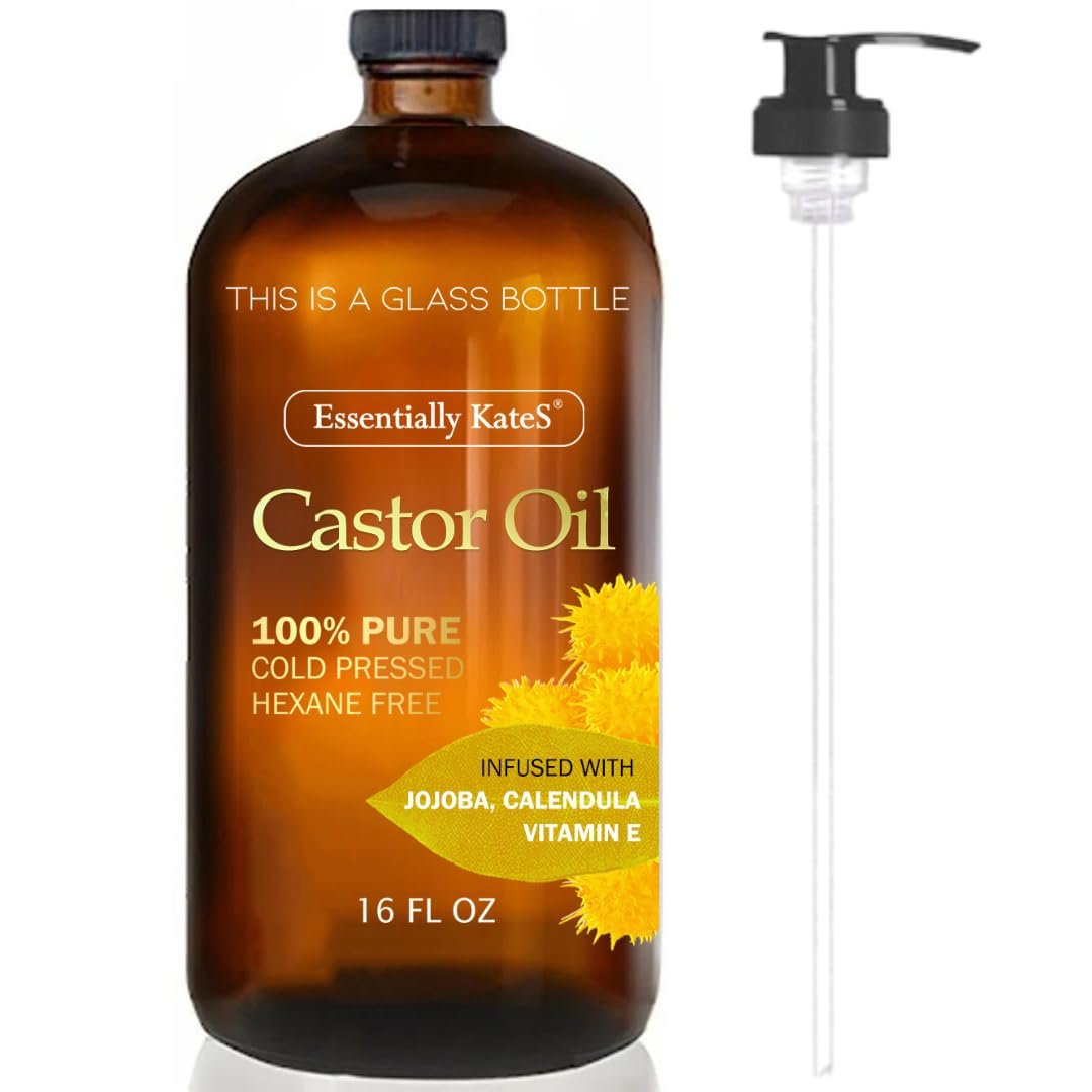 Essentially KateS Castor Oil 16 Fl Oz (Glass Bottle) – Jojoba + Calendula + Vitamin E – A Huge Glass Bottle with a Pump – 100% Pure and Natural, Cold Pressed, and Hexane-Free – Hair, Body