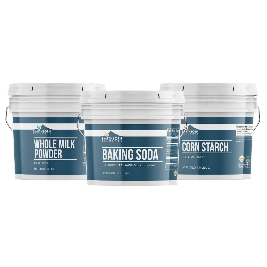 Earthborn Elements Baking Soda, Corn Starch, and Whole Milk Powder Bundle, 1 Gallon Each, Bulk Sizes, Cleaning & Cooking