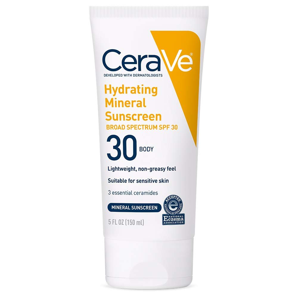CeraVe 100% Mineral Sunscreen SPF 30 with Zinc Oxide & Titanium Dioxide, Hyaluronic Acid & Ceramides, Oil Free, Non-Greasy, Hydrating Mineral Sunscreen For Body, 5 oz