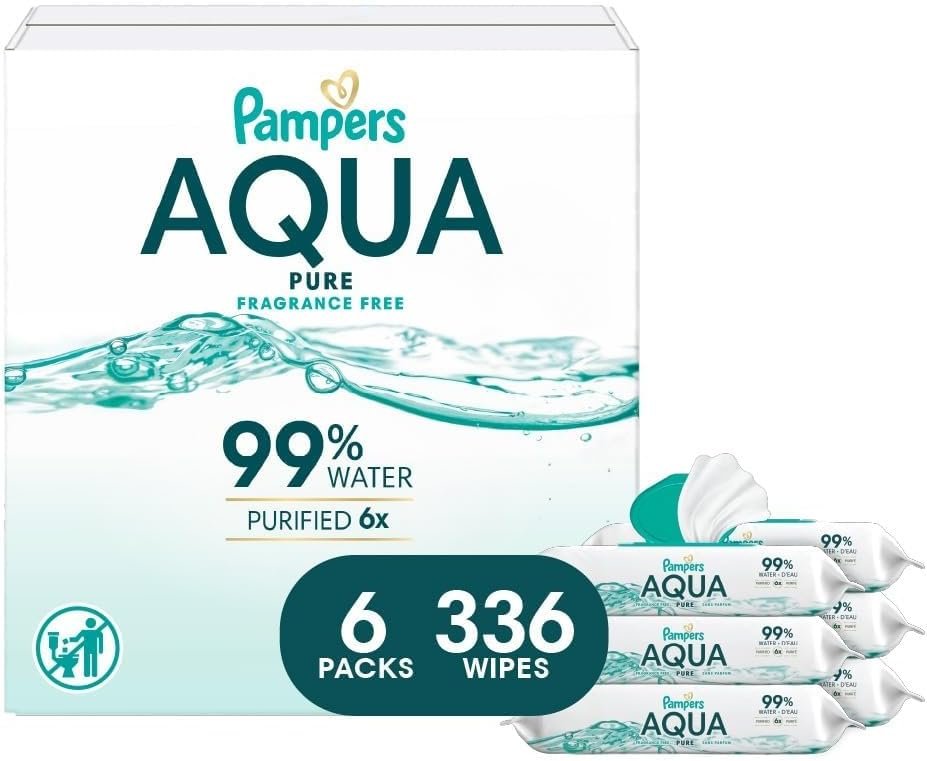 Pampers Aqua Pure Baby Wipes, 99% Water, Fragrance Free, 336 Baby Wipes Total (6X Flip-Top Packs) [Packaging May Vary]