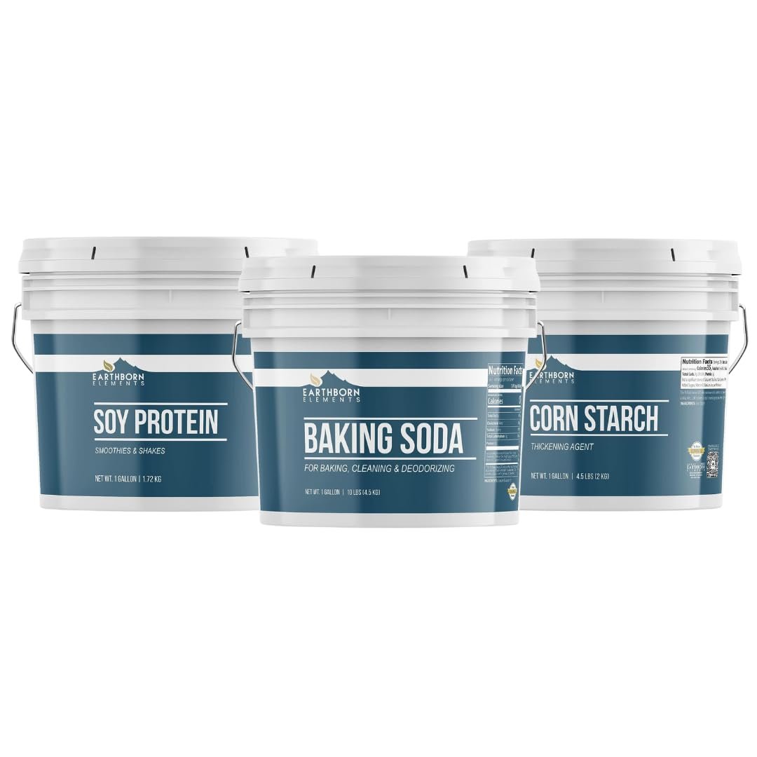 Earthborn Elements Baking Soda, Corn Starch, and Soy Protein Bundle, 1 Gallon Each, Bulk Sizes, Cleaning & Cooking