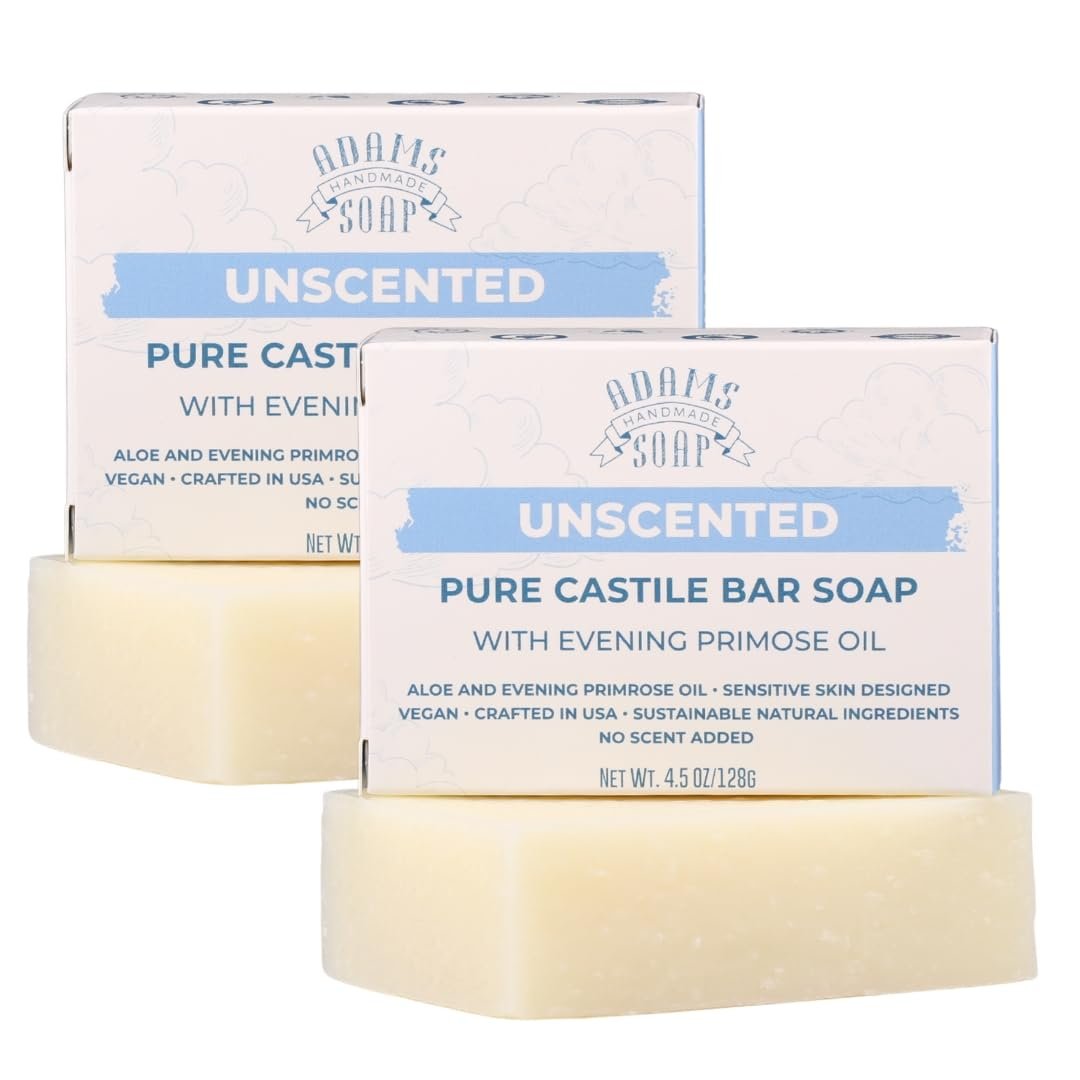 Adams Handmade Soap Unscented Pure Castile Bar Soap – 4.5 oz | With Evening Primrose Oil | Vegan, Cold Process, 84% Organic, Fair Trade, No Fragrance, Sensitive Skin Safe, USA Made