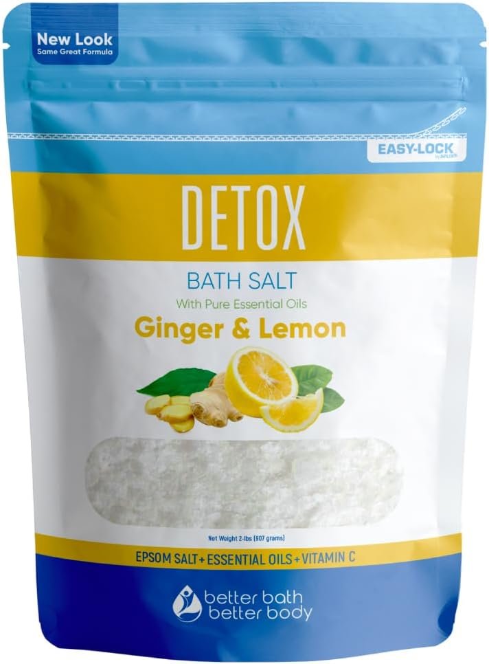 Detox Bath Salt 32 Ounces (2 Lbs) USP Grade Epsom Salt with Natural Ginger and Lemon Essential Oils Plus Vitamin C in BPA Free Pouch with Easy Press Lock Seal Made in USA