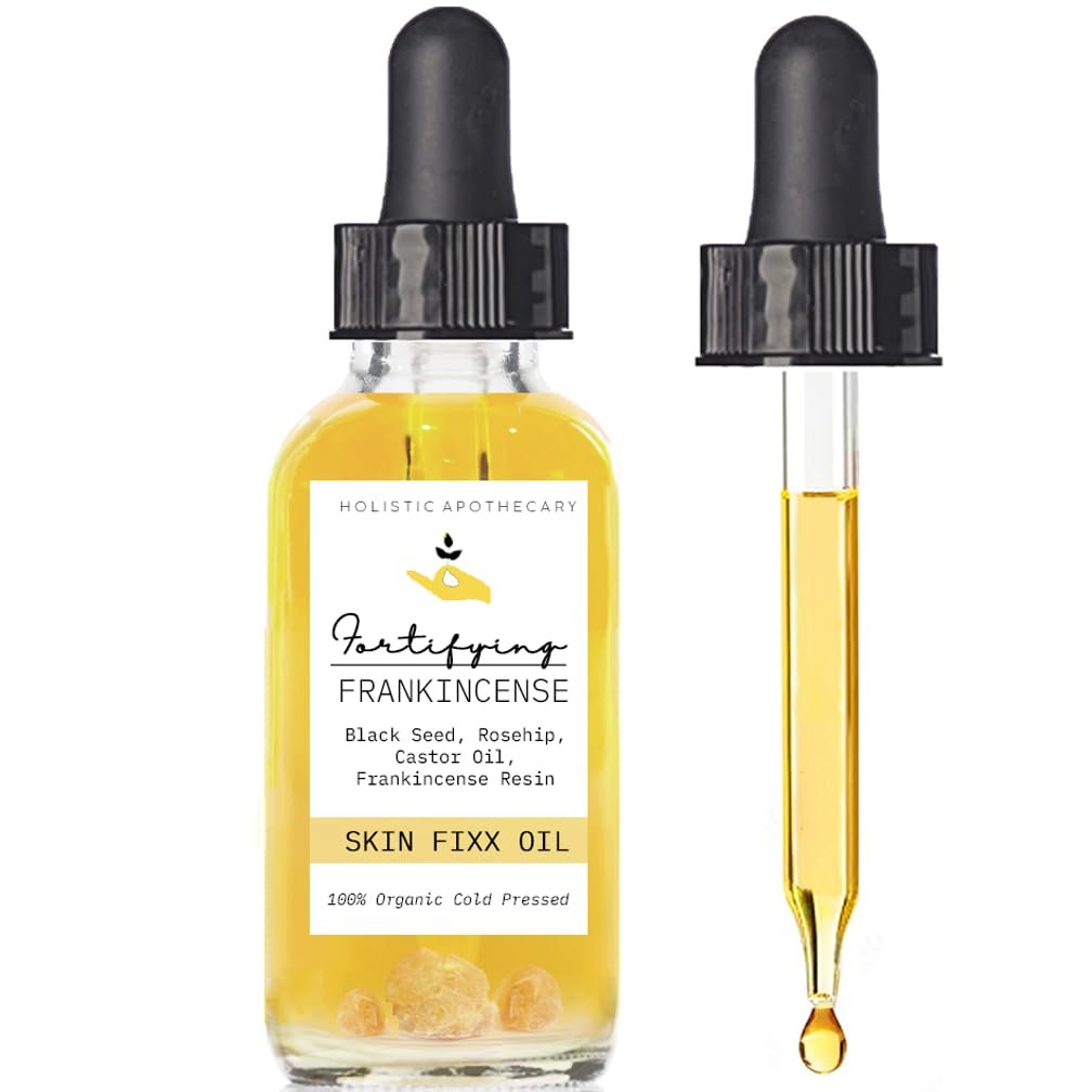 Fortifying Frankincense Resin-Infused Face Oil with Visible Resin Tears 100% Organic Black Seed, Rosehip & Castor Oils Cold-Pressed Botanical Facial Oil Moisturizer for Hydration & Radiance