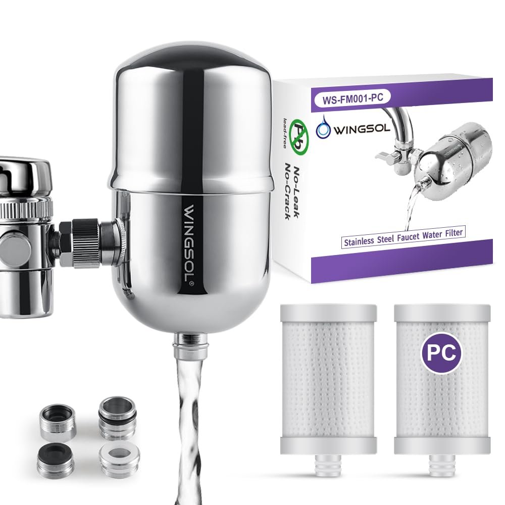 WINGSOL WINGSOL Faucet Filter Improve Taste Multi-Stage Filter 304 Stainless Steel NSF/ANSI 42, 200G 1µm Filtration Reduce Contaminants, Lead-Free Faucet Water Filter, 2 Filter Cartridges Included