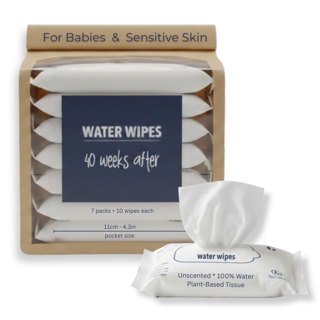 Water Wipes, Unscented Baby Wipes, 100% Water, Plant-Based Tissue, Travel Size, 7 Packs of 10 Wipes (70 in Total) – 40 Weeks After