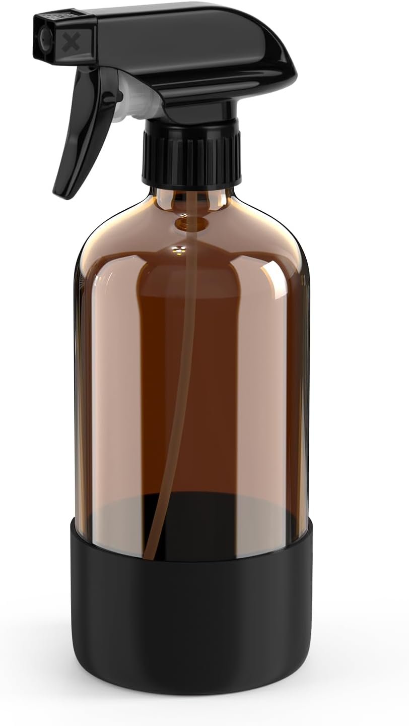 Amber Glass Spray Bottle with Silicone Sleeve Protection, 16 oz Refillable Spray Bottle for Cleaning Solutions, Plants, Aromatherapy, Facial Hydration (Black Sleeve(Amber Bottle)