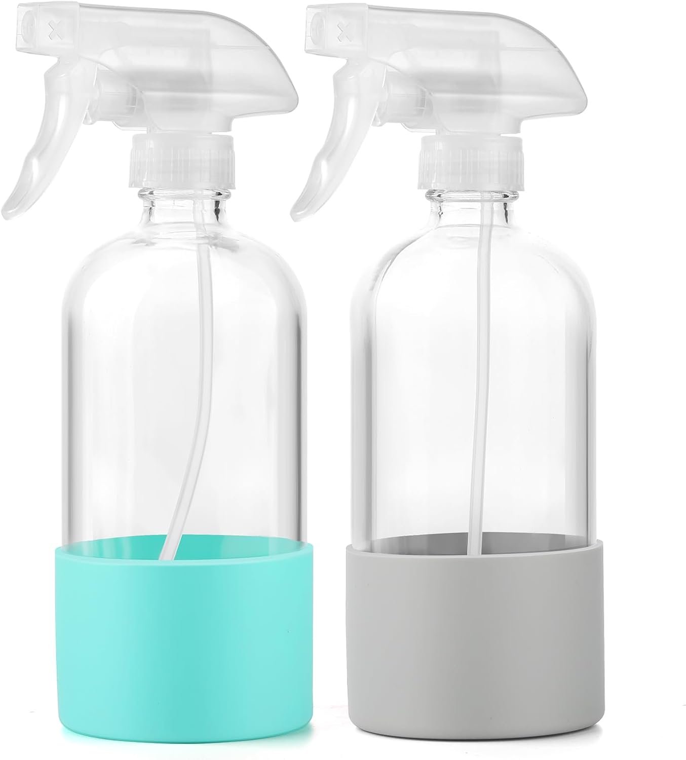 Glass Spray Bottles (2-Pack) with Silicone Sleeve – 16oz Empty Refillable Bottles – Adjustable Nozzle for Hair, Plants, Cleaning & DIY Solutions – Mint Green & Grey