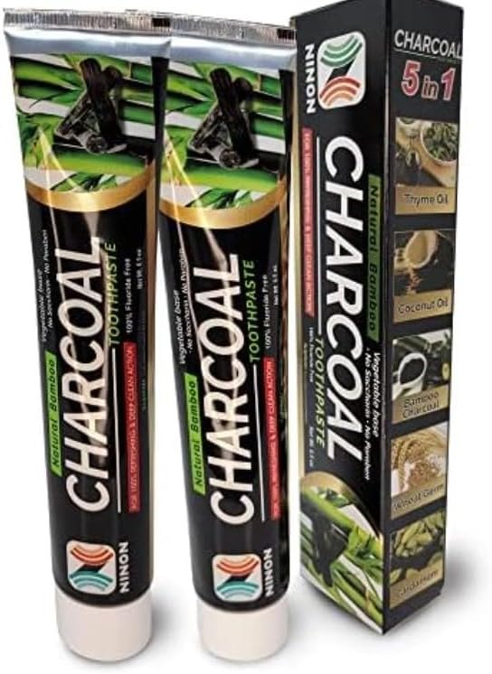 Ninon Charcoal Toothpaste (6.5oz) 2 Pack- 100% Fluoride Free – No Saccharin – No Paraben – Vegetable Base