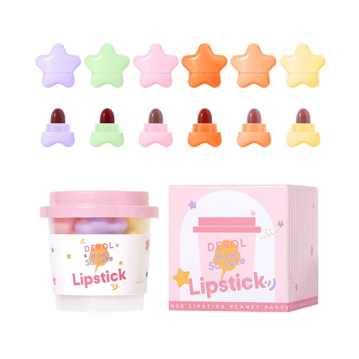 Mini Star Lipstick Set, 6Pcs Cute Long Lasting Matte Lipstick Set, Portable Colorful Velvet Lipsticks with Pink Cup, Suitable for Various Makeup