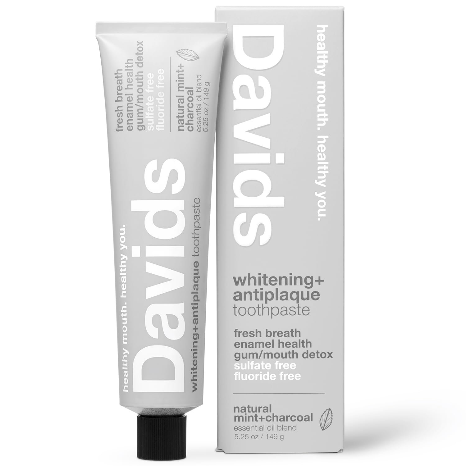 Davids Charcoal Toothpaste for Enhanced Teeth Whitening, Peppermint, Antiplaque, Flouride Free, SLS Free, Enamel Safe, Recyclable Metal Tube, 5.25oz