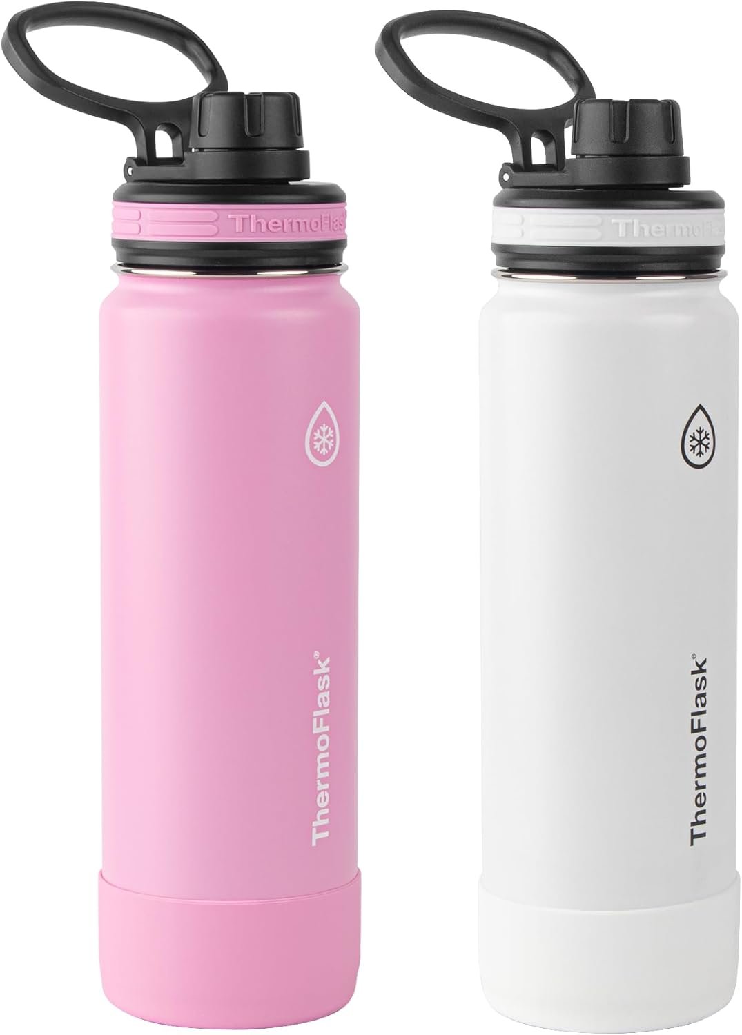ThermoFlask Stainless Steel Water Bottles 2-Pack – Double-Wall Vacuum Insulated 24 oz BPA-Free Spout Lids – Keeps Drinks Cold 24 Hrs, Hot 12 Hrs – Leakproof, Dishwasher Safe, Strawberry/Arctic White