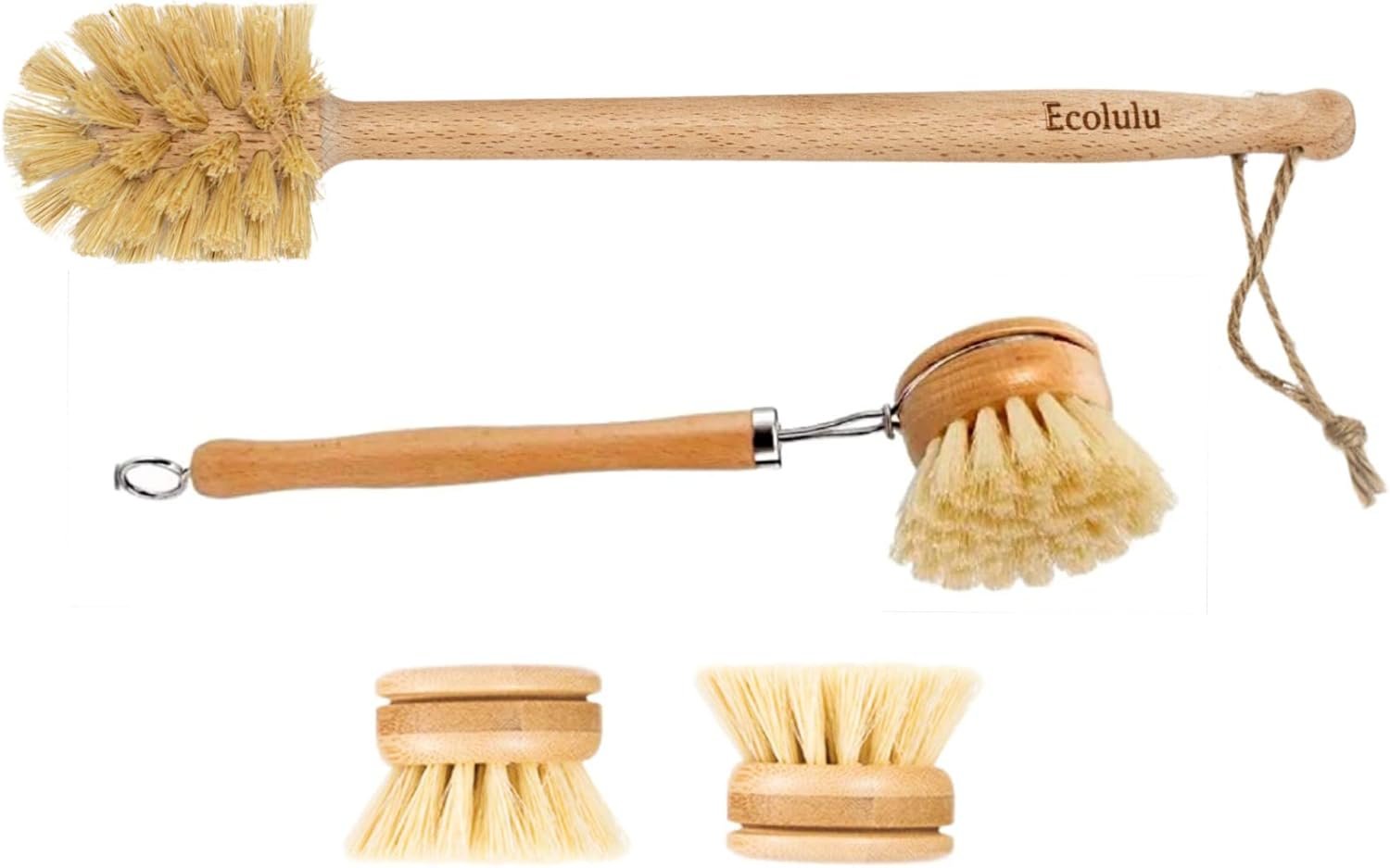 ECOLULU Natural Bamboo Dish Brush & Wood Bottle Brush for Wide Mouth Bottles, Cups and Jars, 2 Replacement Heads included (4 units total) Biodegradable, Eco Friendly Products