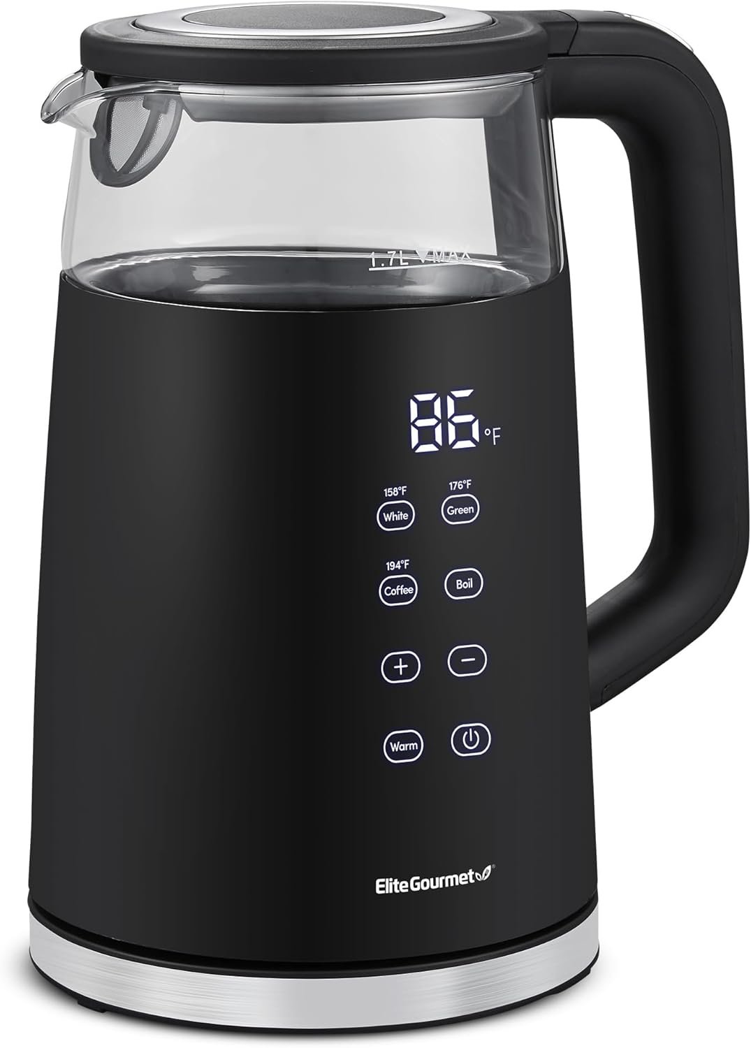 Elite Gourmet 1.7L Dual Wall Cool Touch Electric Tea Kettle, Borosilicate Glass, 304 Stainless Steel Interior, Programmed Digital Touchscreen, Keep Warm, Auto Off & Audible Indicator, Black
