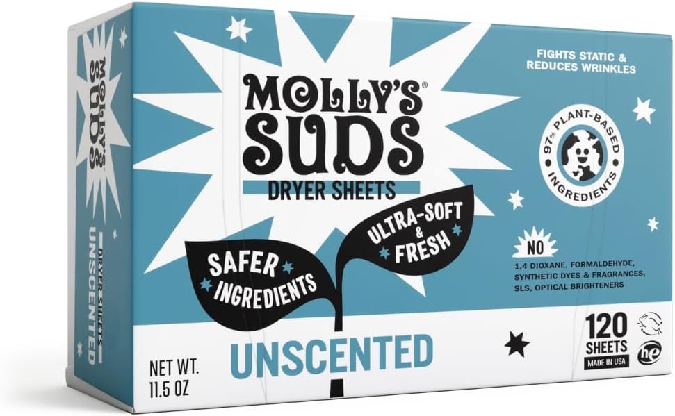 Molly’s Suds Fabric Softener Dryer Sheets for Sensitive Skin | Plant-Based Static Reducer, Plastic-Free Packaging | Unscented (120 Sheets)