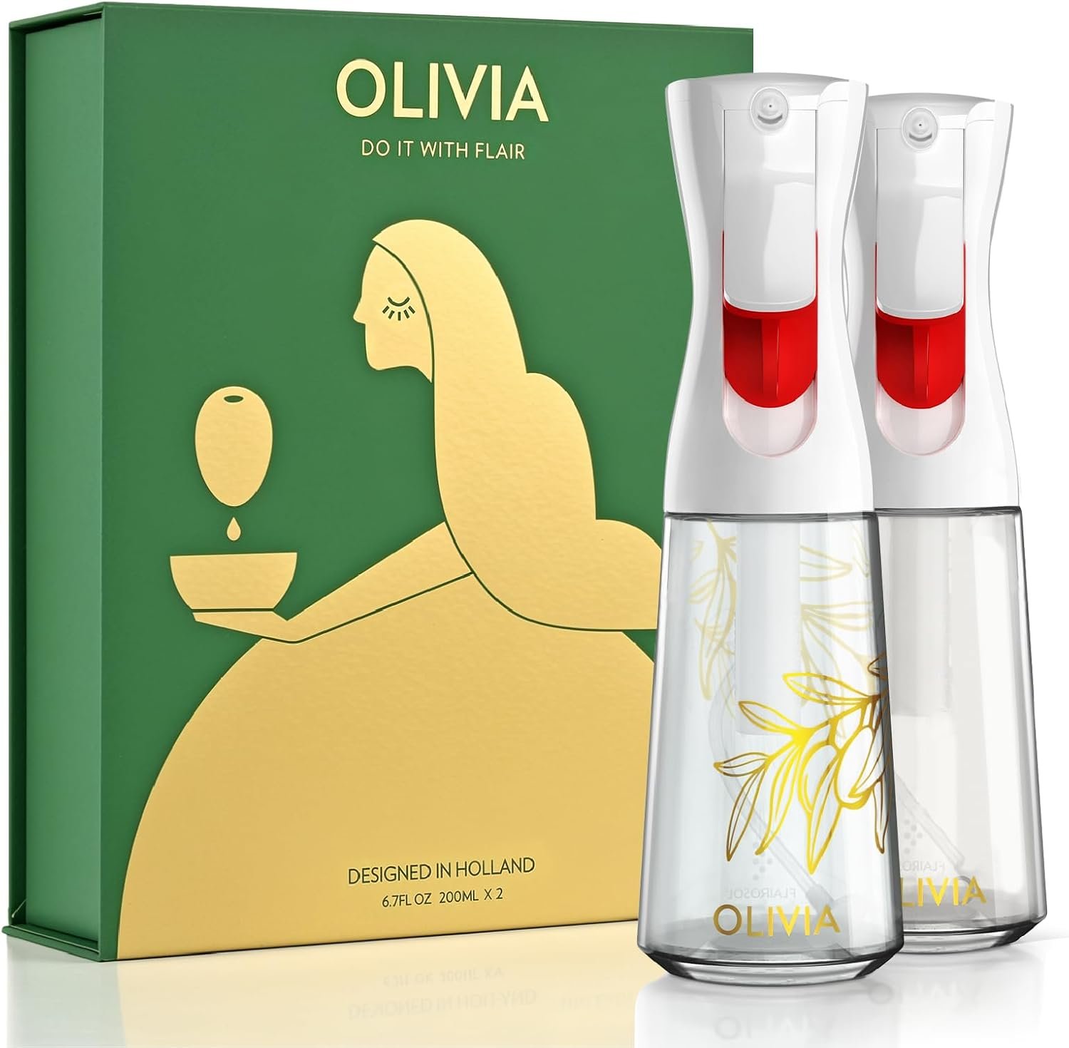 FLAIROSOL OLIVIA Oil Sprayer for Cooking, 2 Pack 200ML Glass Olive Oil Sprayer, Continuous Cooking Spray Dispenser with Portion Control for Kitchen Air Fryer, Salad, BBQ, White