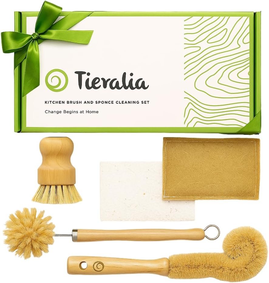 Tieralia Bamboo Dish Brush Gift Set – 5-Piece Kitchen Cleaning Set with Bottle Brush, Round Scrub Brush, Palm Brush & 2 Plant-Based Sponges | Wooden Handle Cleaning Tools for Dishes & Surfaces