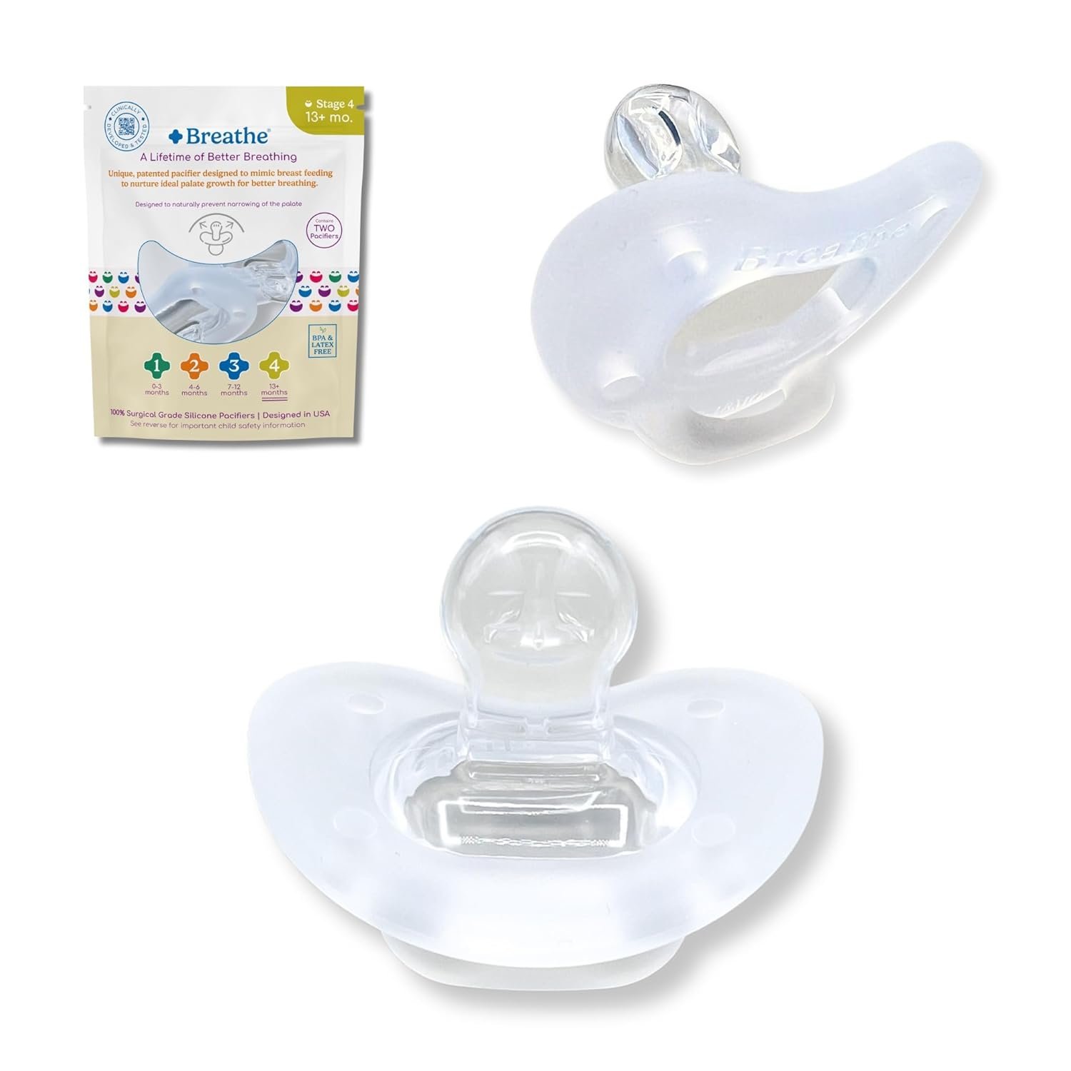 Breathe Baby Pacifier – Patented Design for Natural Oral & Facial Development – BPA-Free, Latex-Free, Pediatrician Developed – Dishwasher Safe 2 Pack (Stage 4: 13+ Months)