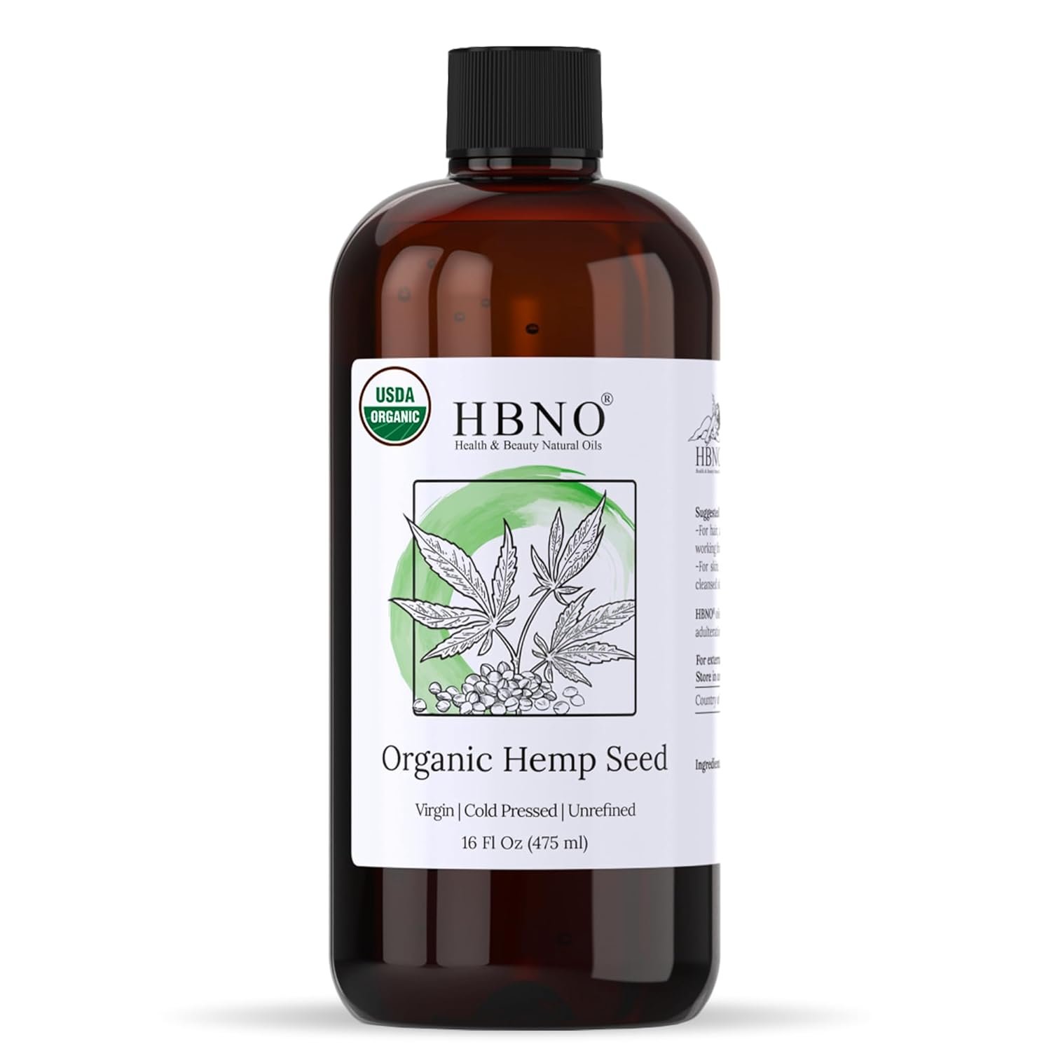 HBNO Organic Hemp Seed Oil -16 OZ (475ml) Value Size – Natural Hemp Oil, Cold Pressed – Perfect Carrier for Massage, Aromatherapy, Diy, Soap Making, Face, Body, Lips, Hair, Nails