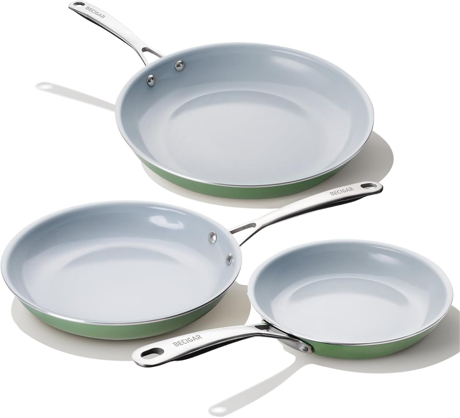 Ceramic Frying Pan Set with Stainless Steel Handle – Perfect Cookware Set for Steak & Non Stick Cooking – Ceramic Pans Set Non Stick Trendy Essential for Young Chefs(Green)