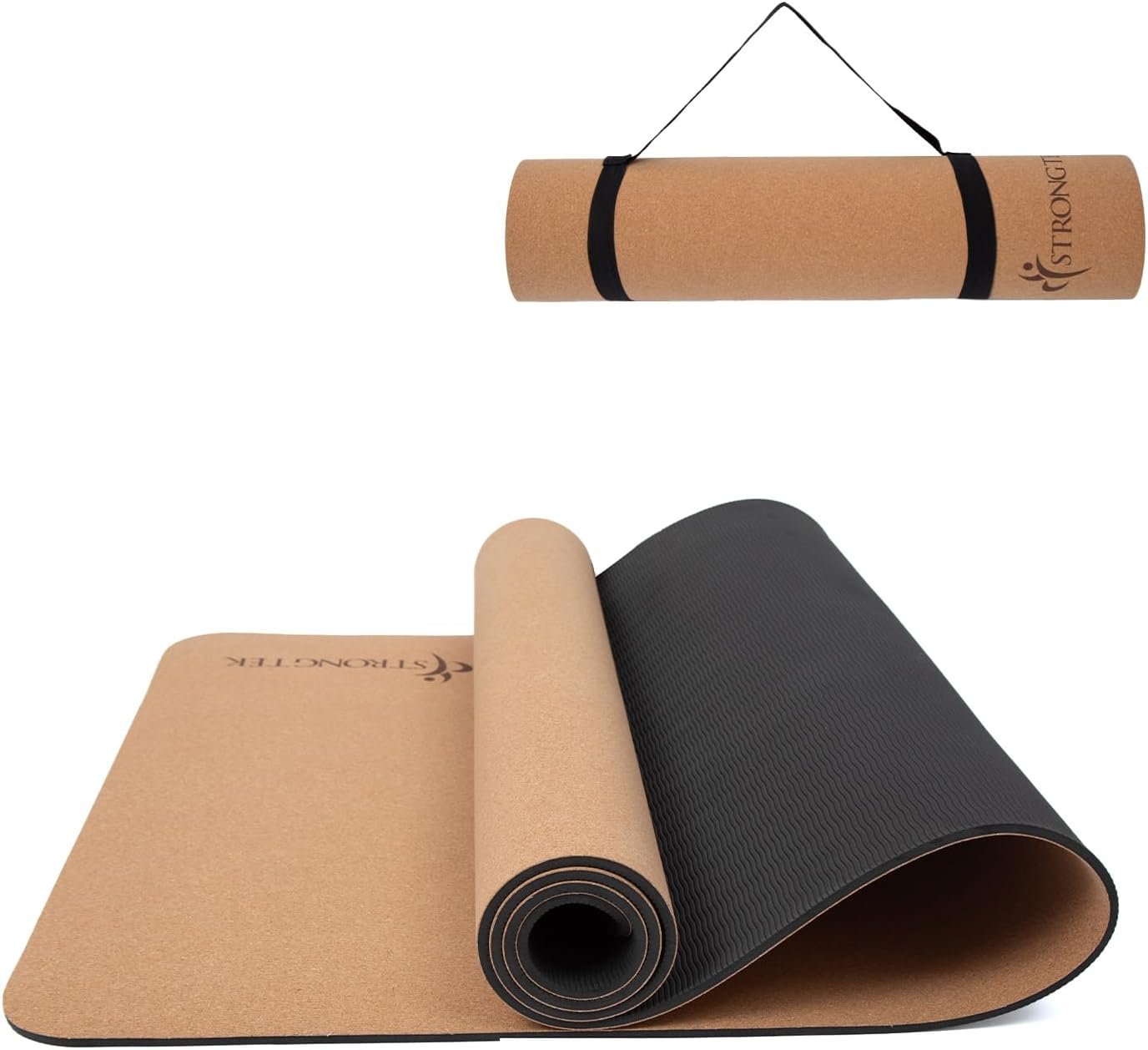 StrongTek Eco-Friendly Cork Yoga Mat, 7mm Thick, 72″x24″, Cork+TPE, 2 lbs, Non-Slip, Lightweight & Cushioned Mat for Hot Yoga, Pilates & Home Fitness, Durable Surface with Natural Grip and Carry Strap