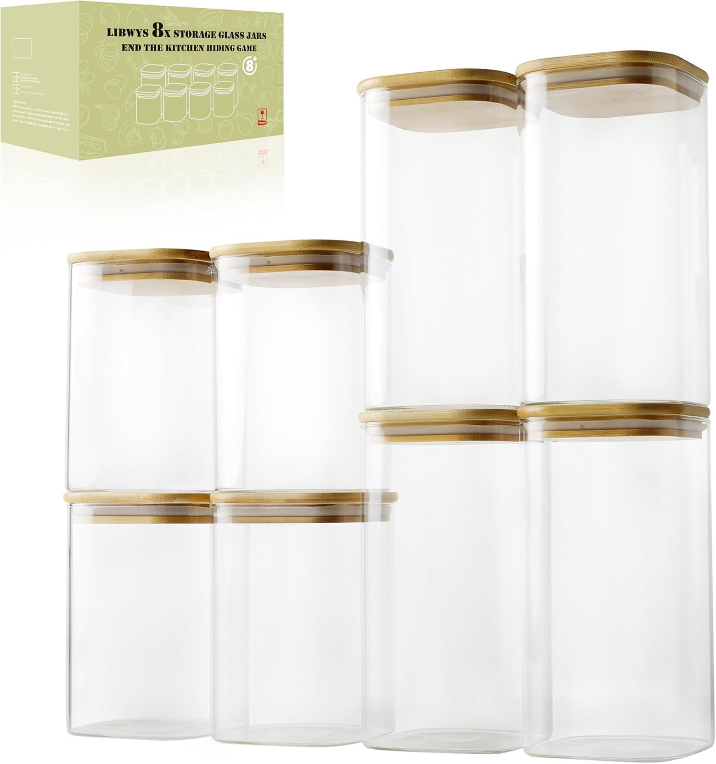 LIBWYS 8-Pack Glass Pantry Storage Containers with Bamboo Lids (1.22Qt/1.67Qt) – Stackable Square Food Jars for Pantry Organization, Coffee, Flour, Snacks, Tea | Kitchen Canisters Set