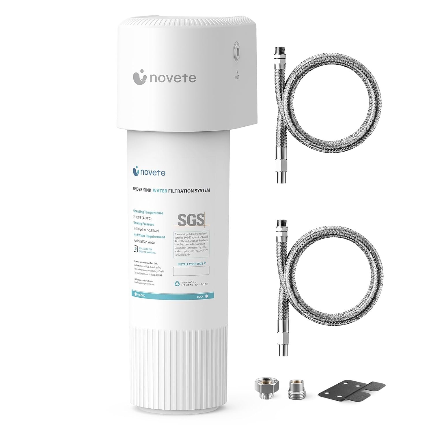 NOVETE Under Sink Water Filter System, 12 Months/8K Gallons, NSF/ANSI 42/372 Certified, Reduces Lead, Chlorine, Bad Tastes & Odors, Direct Connect to Kitchen Faucet, White
