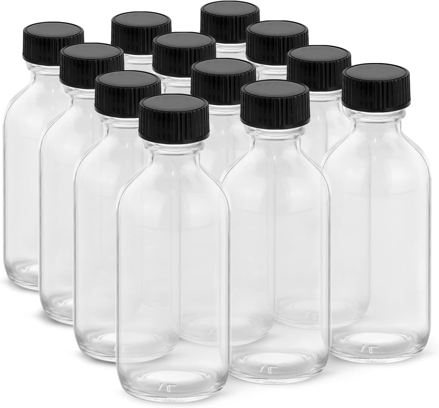 2OZ Small Glass Bottles with Lids and Funnels, 60ml Boston Round Glass Bottles, Leakage-Proof Mini Travel Bottle, Perfect for Diy Essential Oils, Perfumes, Whiskey and Juices, 12 Pack Clear