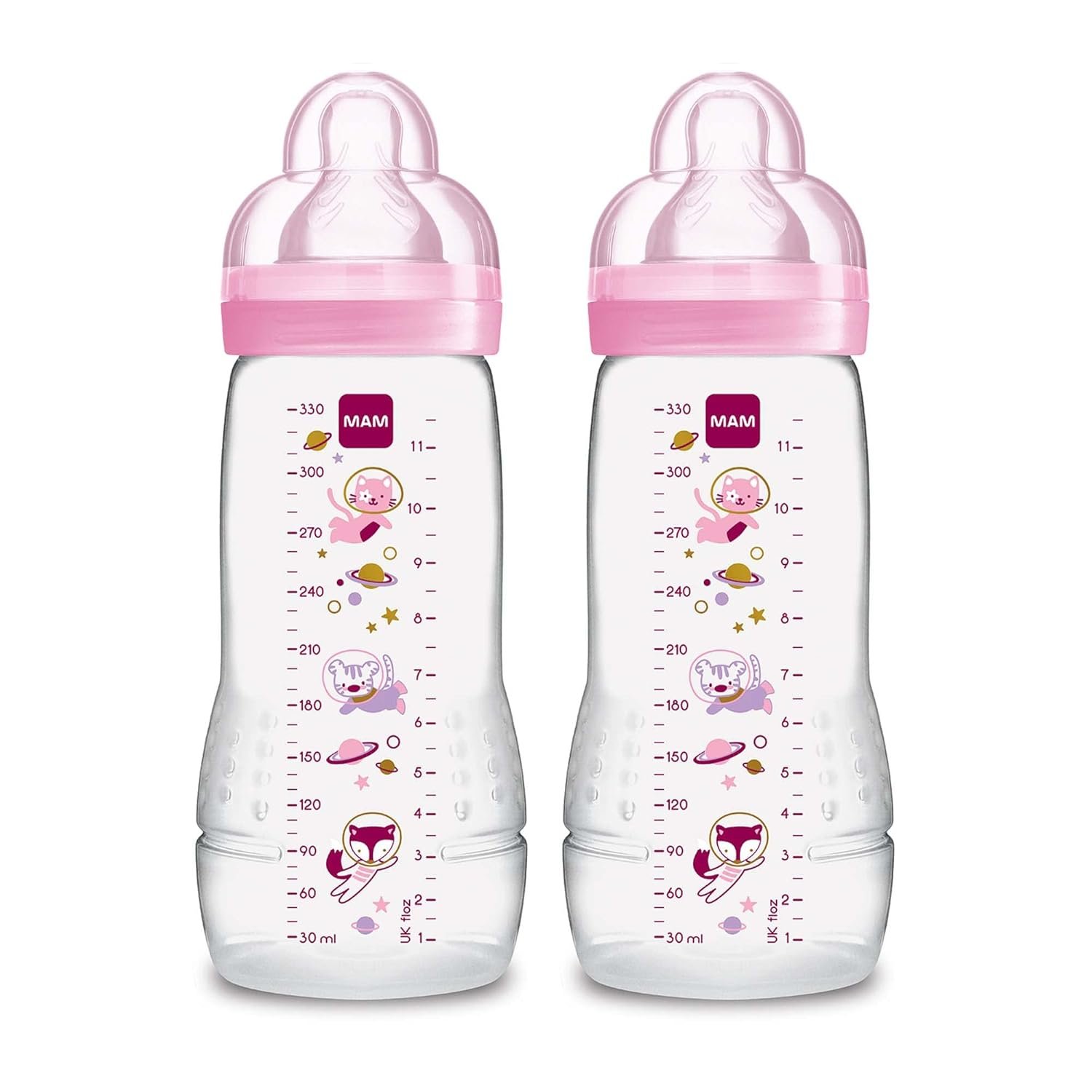 MAM Easy Active Baby Bottles 11oz, Fast Flow Skinsoft Silicone Nipple with Wide Neck Ergonomic Design, Easy to Hold, BPA-Free, Bottles with Leak-Proof Caps for 4+ Months Baby