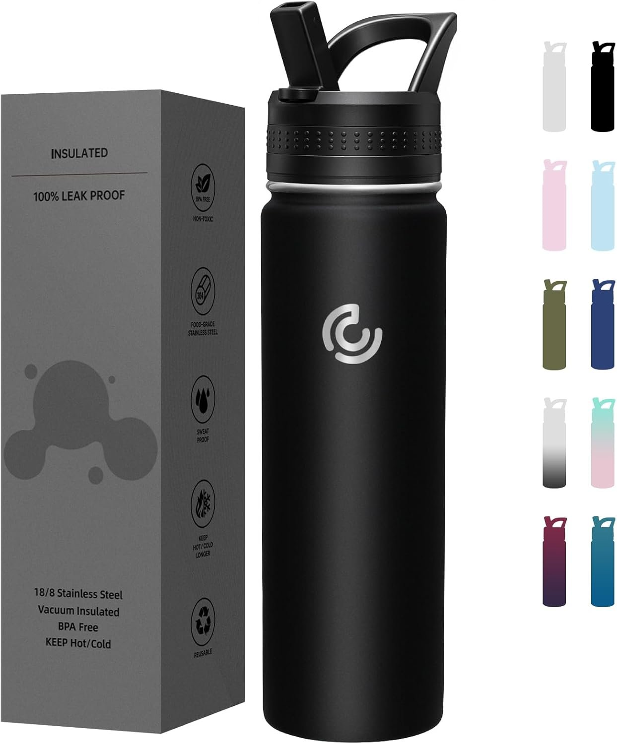 COKTIK 22oz Sports Water Bottle, Stainless Steel Water Bottle for Insulated, Reusable Travel Bottle, With Straw, With Handle Grip for Easy Carrying, Suitable for Cycling, Outdoor Vacations(Black)