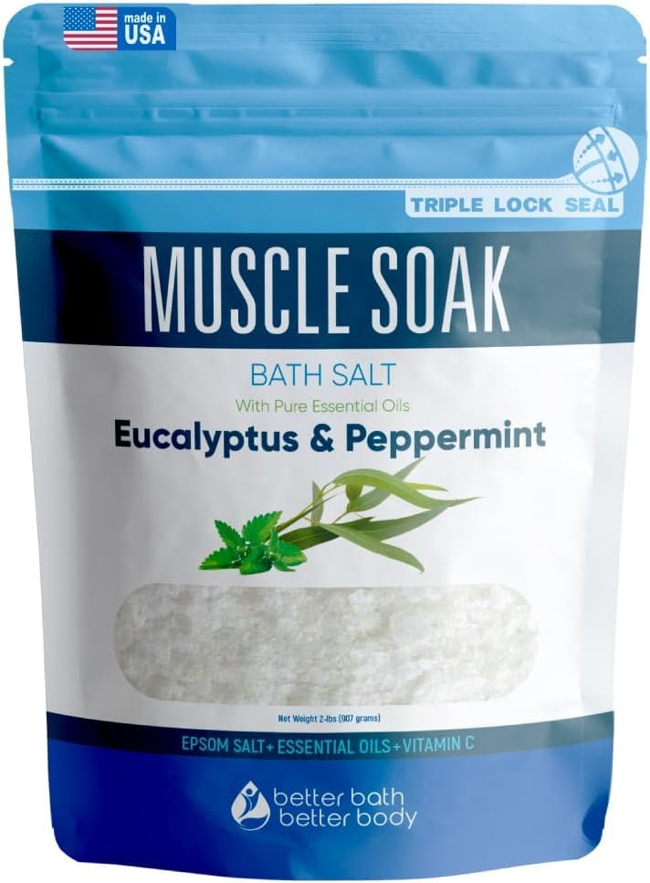 Muscle Soak Bath Salt 32 Ounces (2 Lbs) Epsom Salt with Natural Peppermint and Eucalyptus Essential Oils Plus Vitamin C in BPA Free Pouch with Easy Press Lock Seal Made in USA
