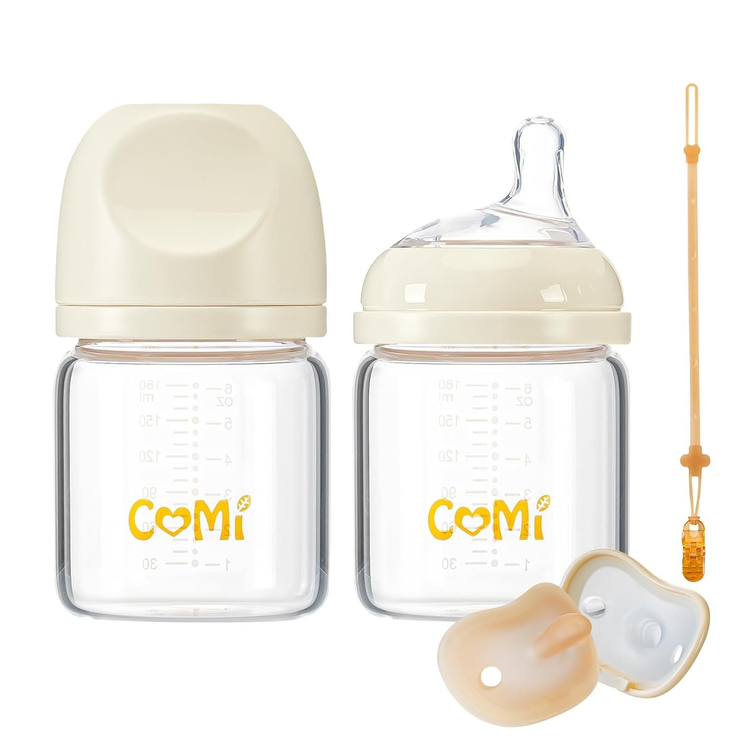 COMI Natural Glass Baby Bottles for Breastfeeding Babies,Newborn Anti-Colic Baby Bottle Set with Slow Flow Nipple,0-3 Months,BPA-Free,6 oz,2 Pack