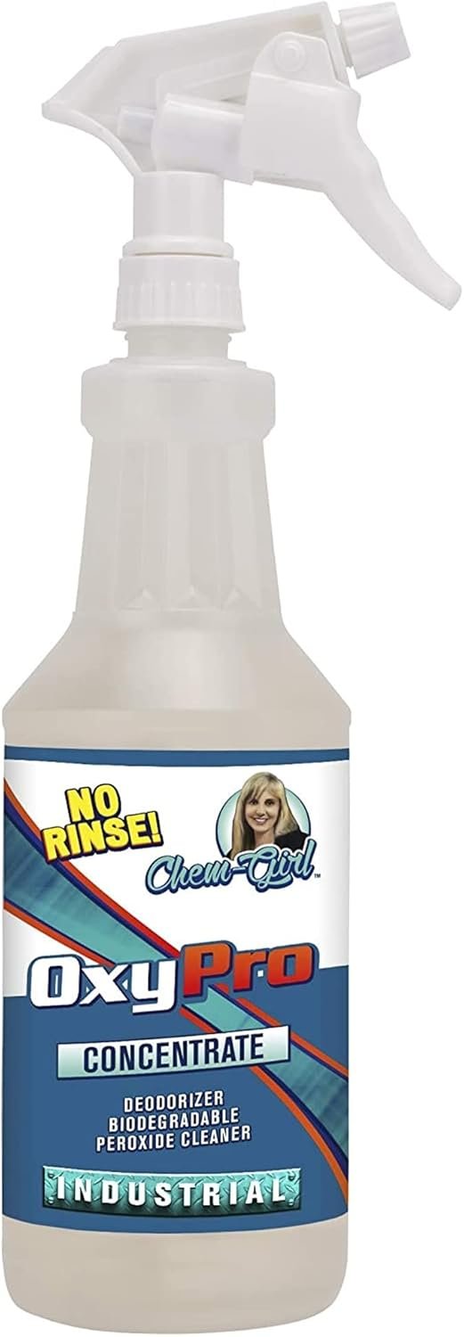 Chem-Girl OxyPro Concentrated Multi-Purpose Surface Cleaner to the Rescue – Chlorine-Free, Oxygen-Powered Stain & Odor Remover, 5 Percent Hydrogen Peroxide (H2O2), 1 Quart