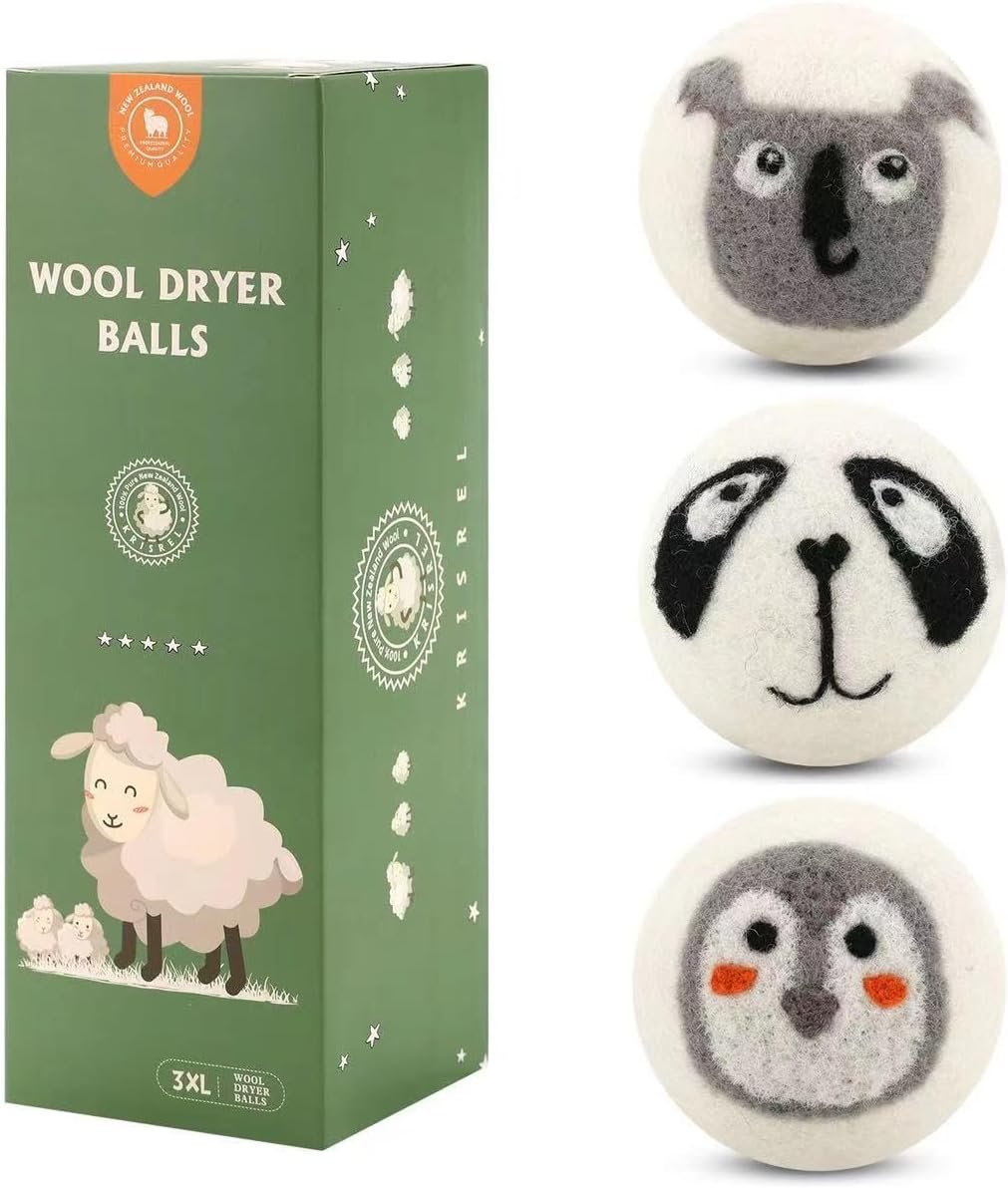 Wool Dryer Balls 3 Pack XL, Natural Fabric Softener New Zealand Wool，Handmade Organic Laundry Dryer Balls, Reusable 1000 Loads,Wrinkles Free, Shorten Drying Time（3 Pack,Animal Pattern）