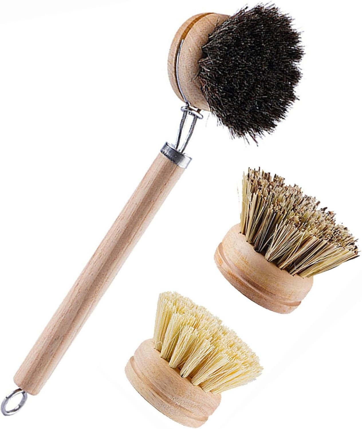 Bamboo Dish Brush with Handle, 1 Sturdy Wooden Handle with 3 Natural Bristle Heads, Horsehair, Sisal, Palm – All Purpose Kitchen Scrubber, Bamboo Wok Brush, Fruit and Veggie Scrubber