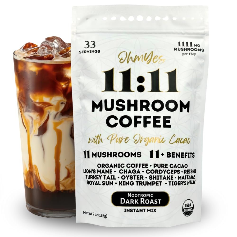 OhmYes Mocha Mushroom Coffee with Pure Cacao | Organic 11 Mushroom Adaptogen Blend (Lions Mane, Reishi, Chaga, Cordyceps) | Premium Chocolate Dark Roast Instant Coffee | Unsweetened | 7oz