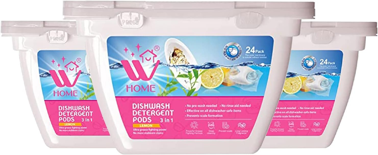 W Home 3-in-1 Dishwasher Pods for a Spotless Clean – 72 Count Total, 24 Pods/Each Enzyme-Powered Free & Clear Detergent for Residue-Free Dishes – Pack of 3