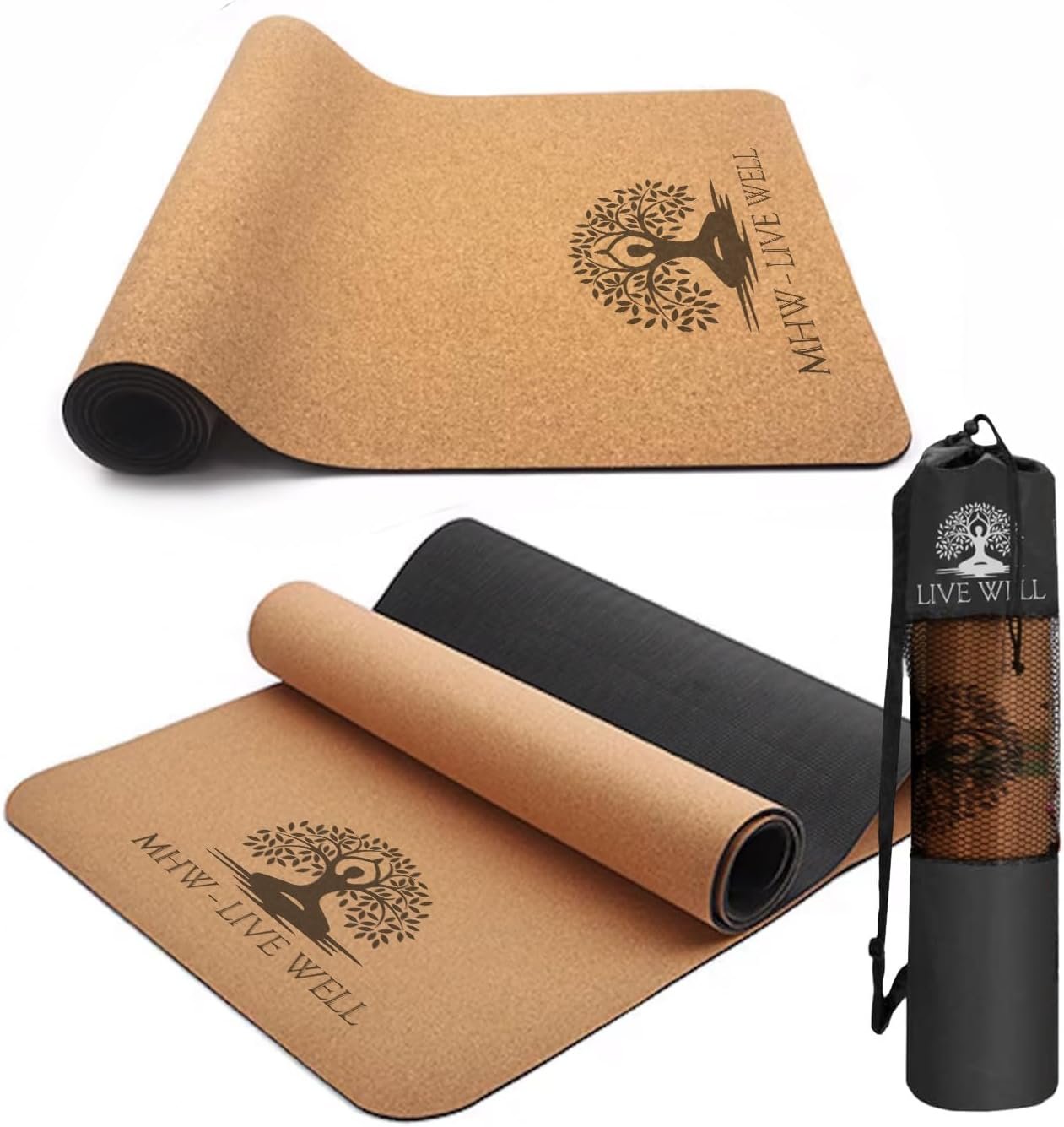 MHW- Live Well Non-Slip Yoga Mat 6mm Extra Thick – Eco-Friendly Cork & TPE Exercise Mat with Carrying Strap & Bag – Hot Yoga Pilates Mat for Home Gym Workout – 72″x24″ Large