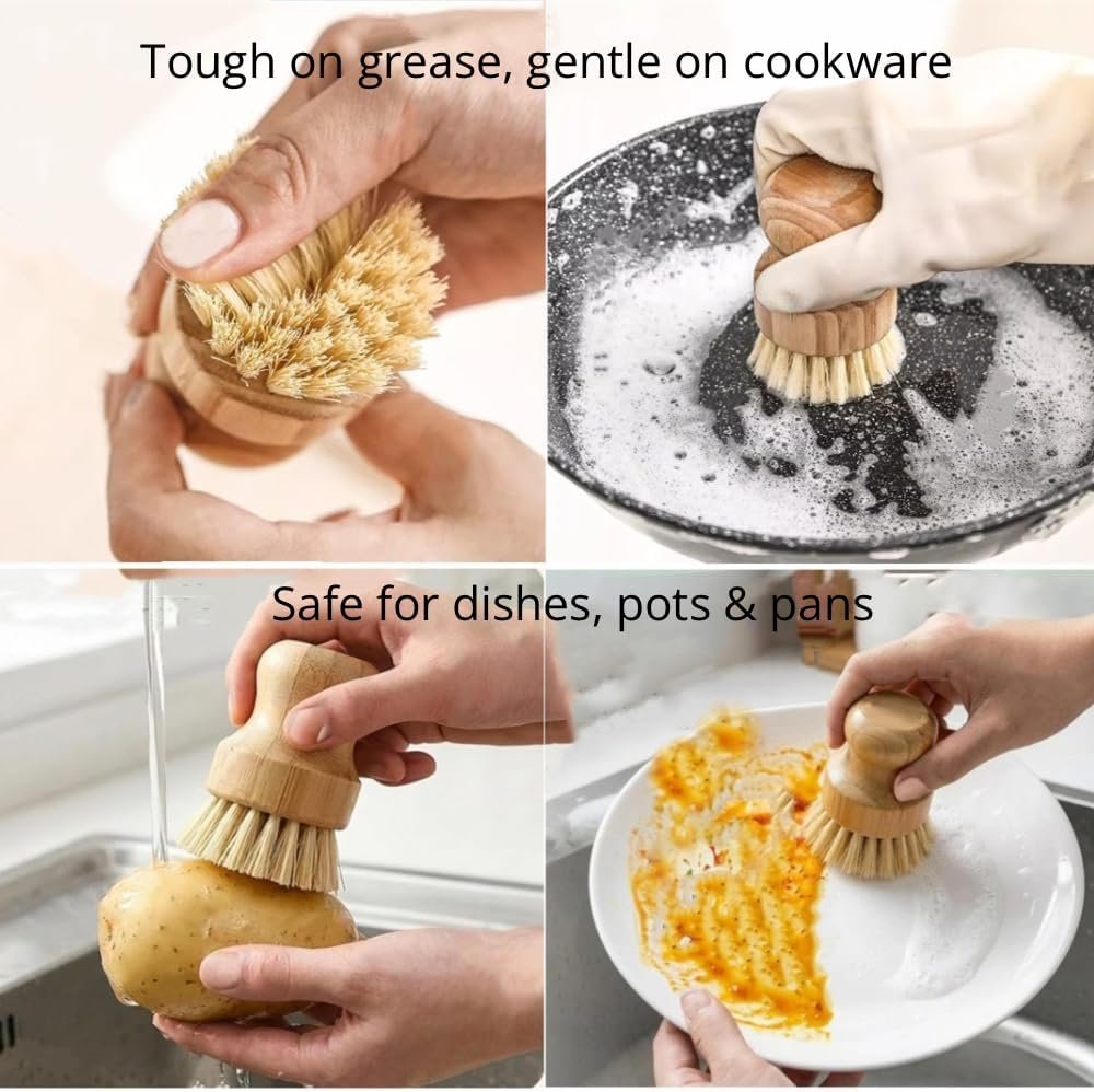 Bamboo Dish Brush 2-Pack – Natural Sisal Bristles, Eco-Friendly Kitchen Cleaning Brush, Wooden Scrubber for Dishes, Pots & Pans