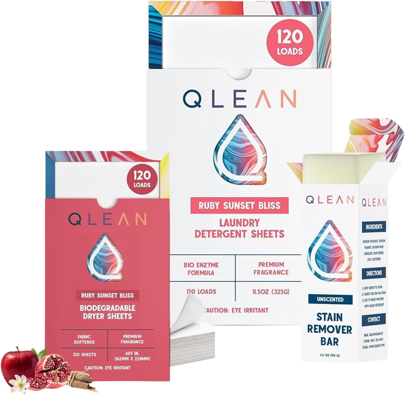 Laundry Detergent Sheets, Natural Fabric Softener Dryer Sheets (120 Loads) & Plant-Based Stain Remover Bar – Eco-Friendly, Travel-Friendly, Ruby Sunset Bliss