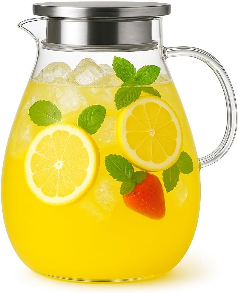 1 Gallon Glass Pitcher Water Jug with Lid – Family Size Large Drink Pitcher for Lemonade Iced Tea Cold Brew, Perfect for BBQ Kitchen Party