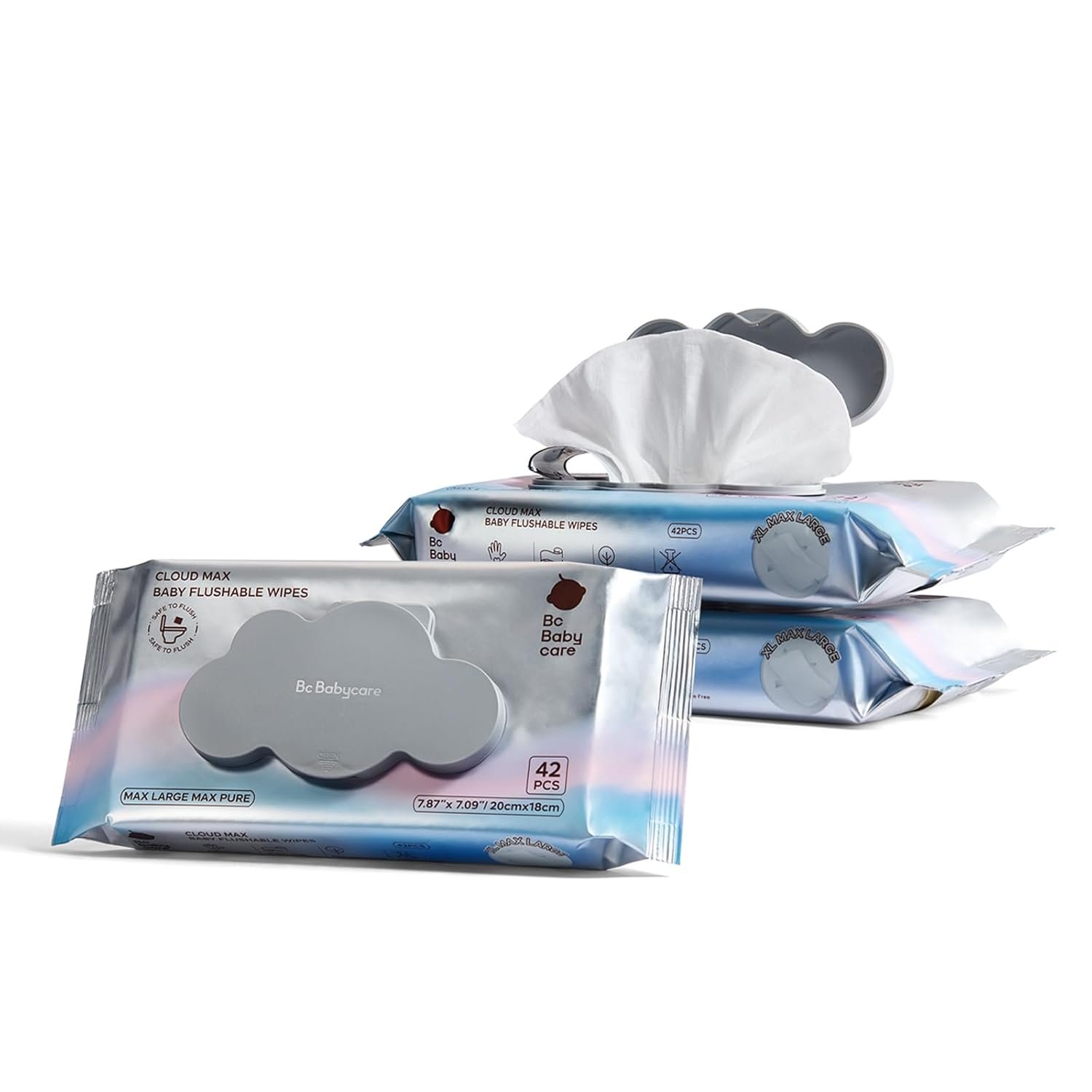 Bc Babycare Cloud Max Flushable Wipes, Hypoallergenic for Sensitive Skin, 99% Water, Plant-Based Fibers, Sewer + Septic Safe, Fragrance Free Toddler Potty Training, 42 Wipes, 3 Packs