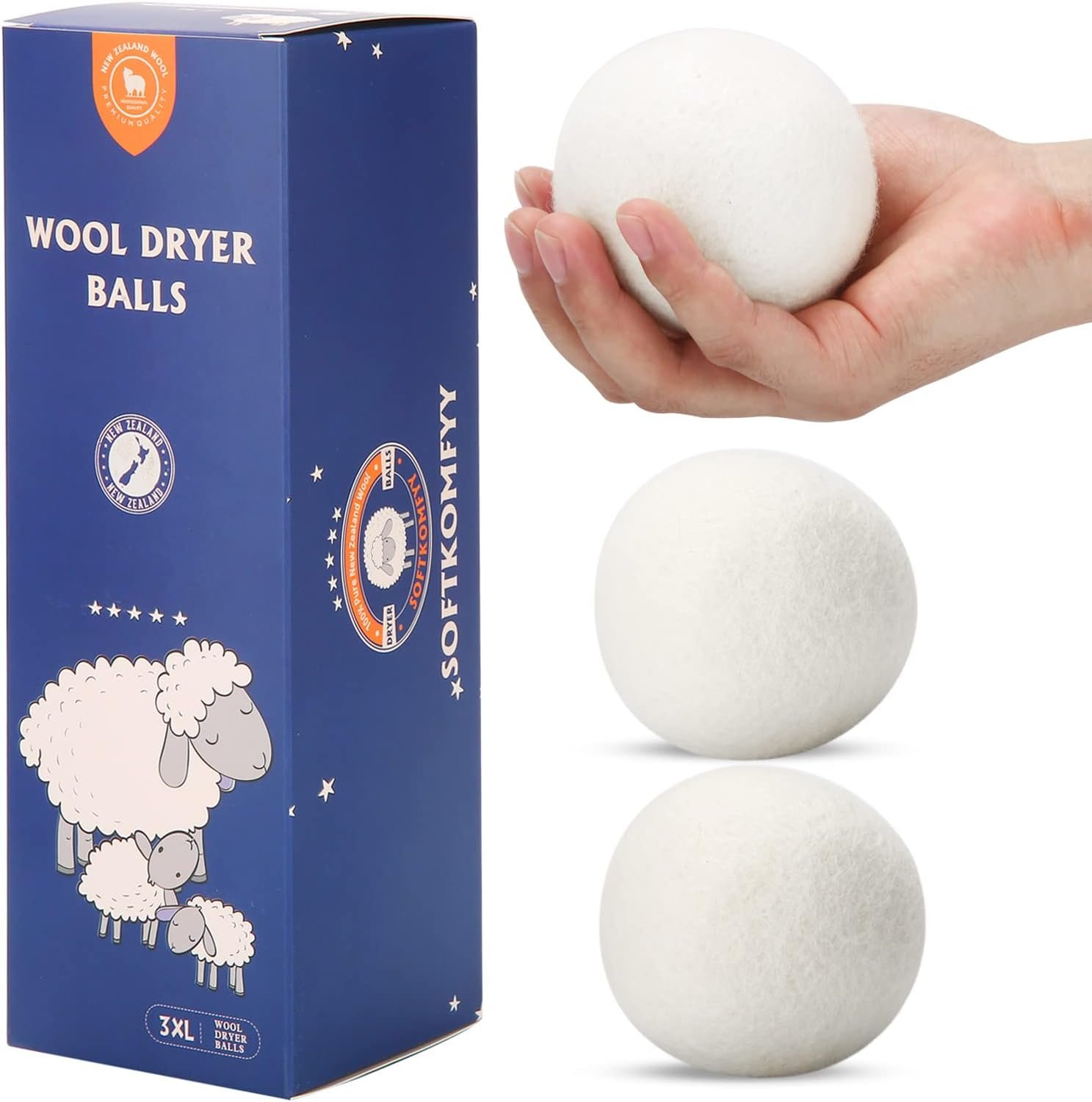 Wool Dryer Balls Handmade 3 Pack XL,Organic Laundry Dryer Balls,100% New Zealand Wool Natural Fabric Softener,Reusable 1000 Loads,Wrinkles Free, Shorten Drying Time,Baby Safe (3 Pack,White)