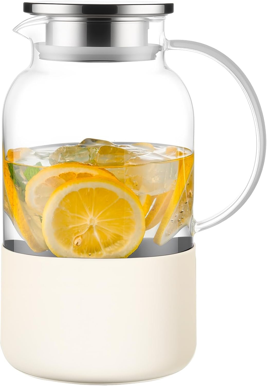 PARACITY Water Jug Water Pitcher with Silicone Base 61oz/ 1.8L, Hot& Cold Glass Pitcher with Lid and Handle, Glass Carafe with Lid for Coffee, Juice, Lemonade and Milk (Off-white base)