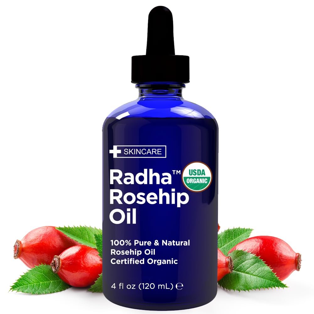 Radha Beauty 4 oz Organic Rosehip Seed Oil 100% Pure Cold Pressed – Great Carrier Oil for Moisturizing Face, Hair, Skin, & Nails, Hydrating and Nourishing