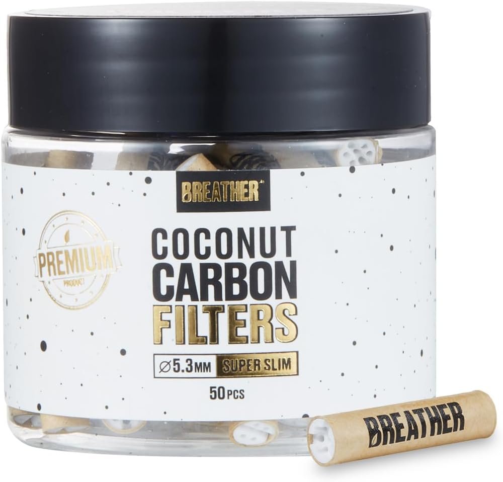 Breather – 50 pcs Super Slim 5.3MM Coconut Activated Charcoal Filters with Ceramic caps